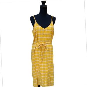 Old Navy Yellow Plaid Tie-Belt Cami Midi for Women Fall Linen Blend Size Large